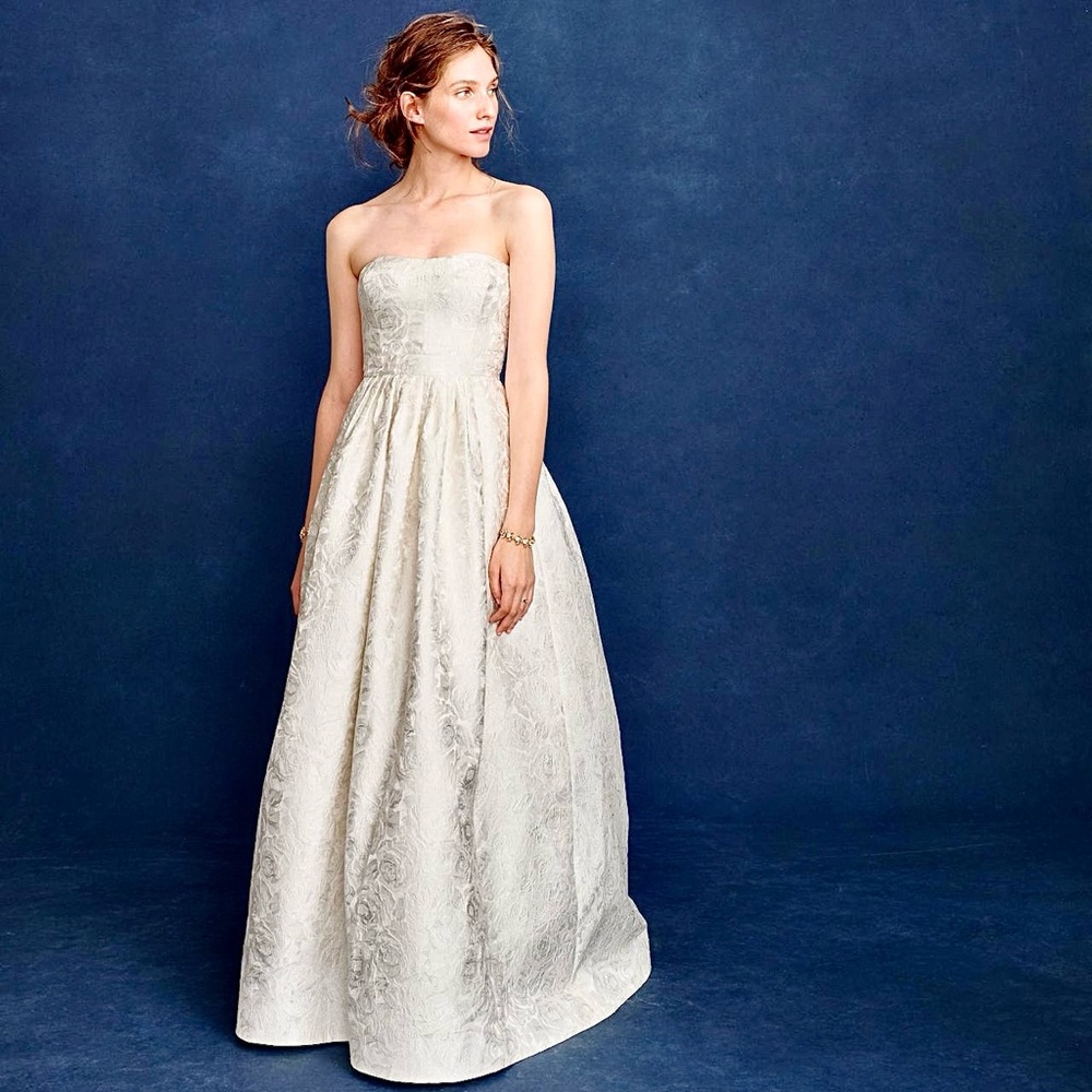 J.Crew Ella Strapless Jacquard rose pattern corseted ivory wedding gown sz.0